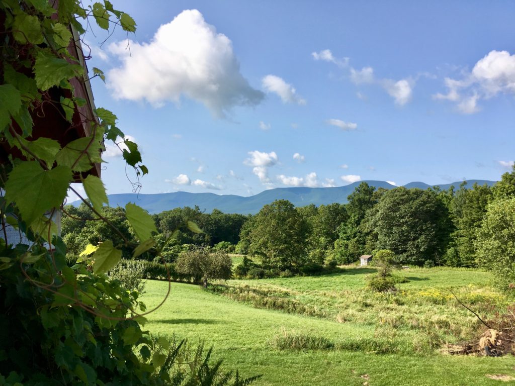 summertime view of catskill mountain range from top of barn porch staircase